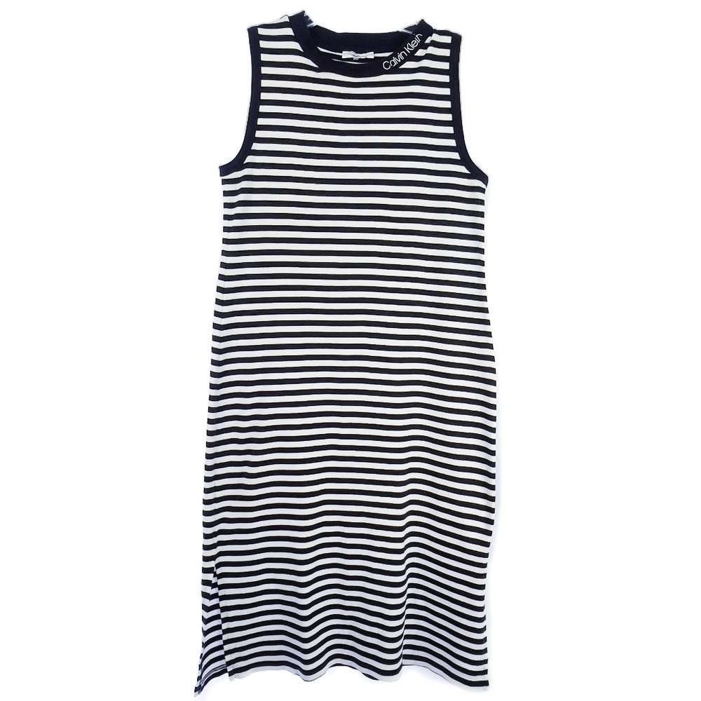 Calvin Klein Navy and White Striped Sleeveless Midi Dress Banded Neck,Sleeves